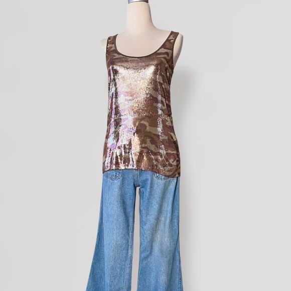 Y2K Camo Sequin DKNY Tank Top Sz S Metallic Brown Festival Disco Grunge Retro - Picture 4 of 10